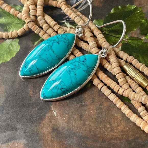 925 Sterling Silver Turquoise Earrings cool Marquise shape!! - Picture 8 of 10